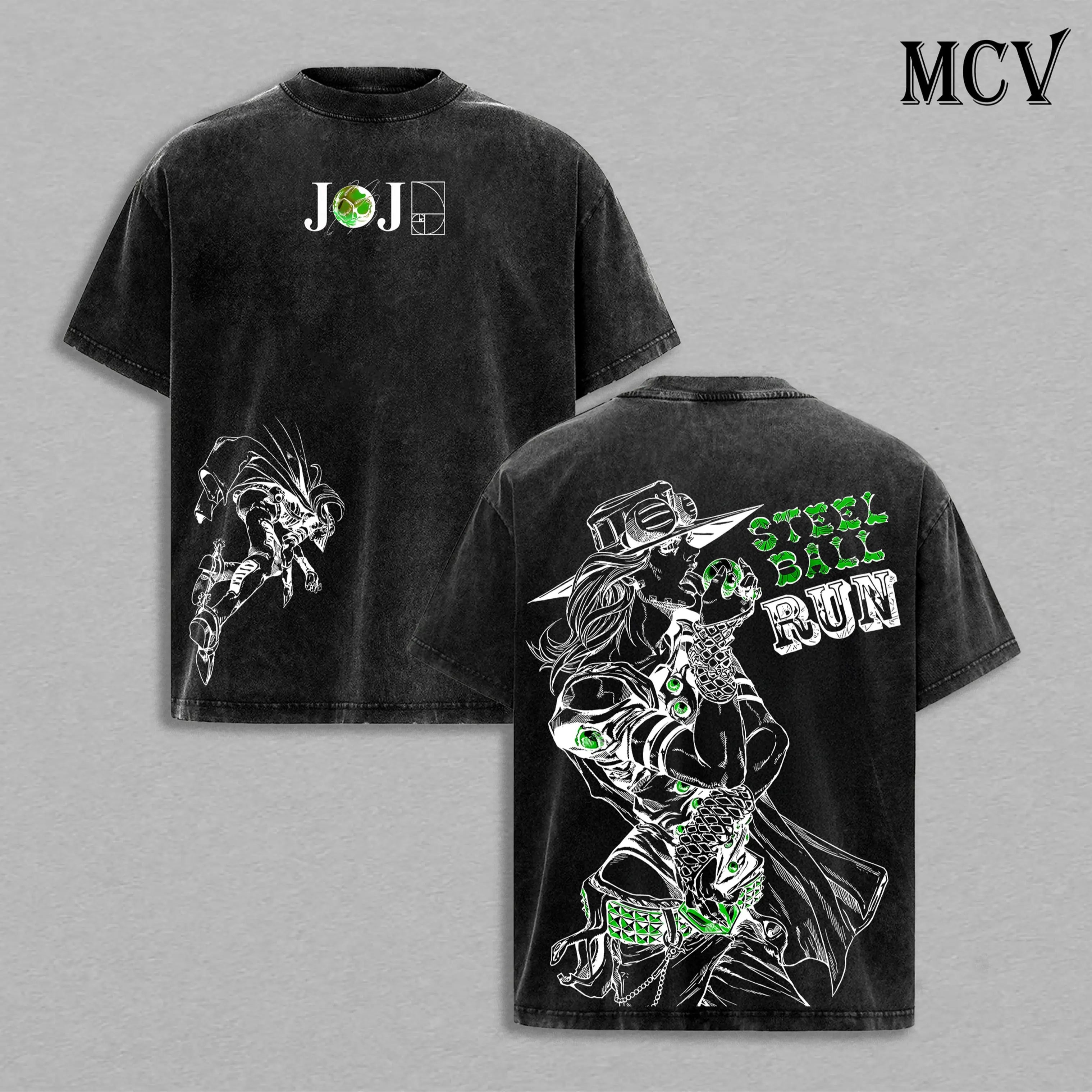 Gyro Zeppeli Tee Washed - Jojo’S Bizarre Adventure Steel Ball Run Anime Spin Technique Golden Spin Pizza Mozzarella Manga Graphic Double Printed Washed Tee, Menswear Heavy Cotton Unisex Oversize Streetwear Vintage