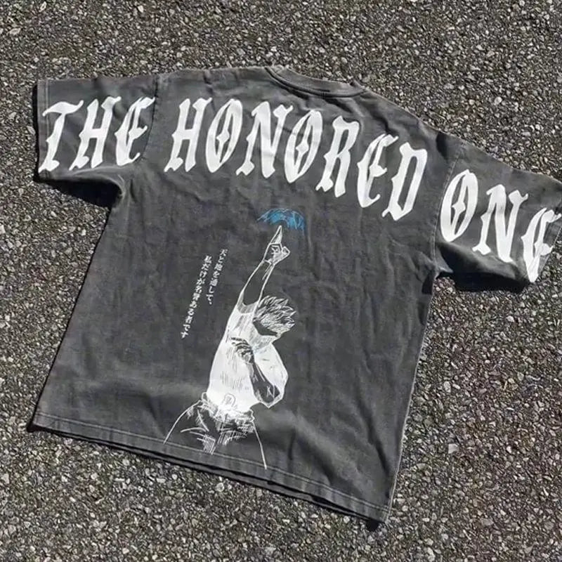 THE HONORED ONE Tee Retro Heavy Gojo Satoru Jujutsu Kaisen Anime Double Printed Vintage Washed Tee Unisex Oversize Anime Manga Washed Heavy Weight Cotton T-Shirt, Gift for Anime Fan, Anime Lover