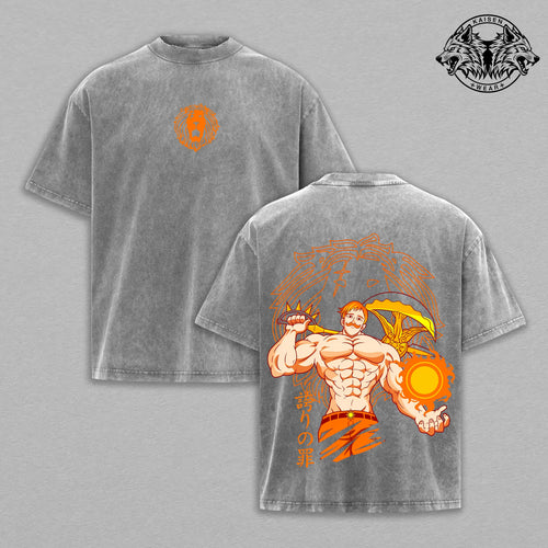 Escanor Pump Cover - the Seven Deadly Sins Merch Clothing Anime Double Printed Vintage Washed Tee Unisex Oversize Anime Manga Washed Heavyweight Cotton T-Shirt, Gift for Anime Fan, Anime Lover