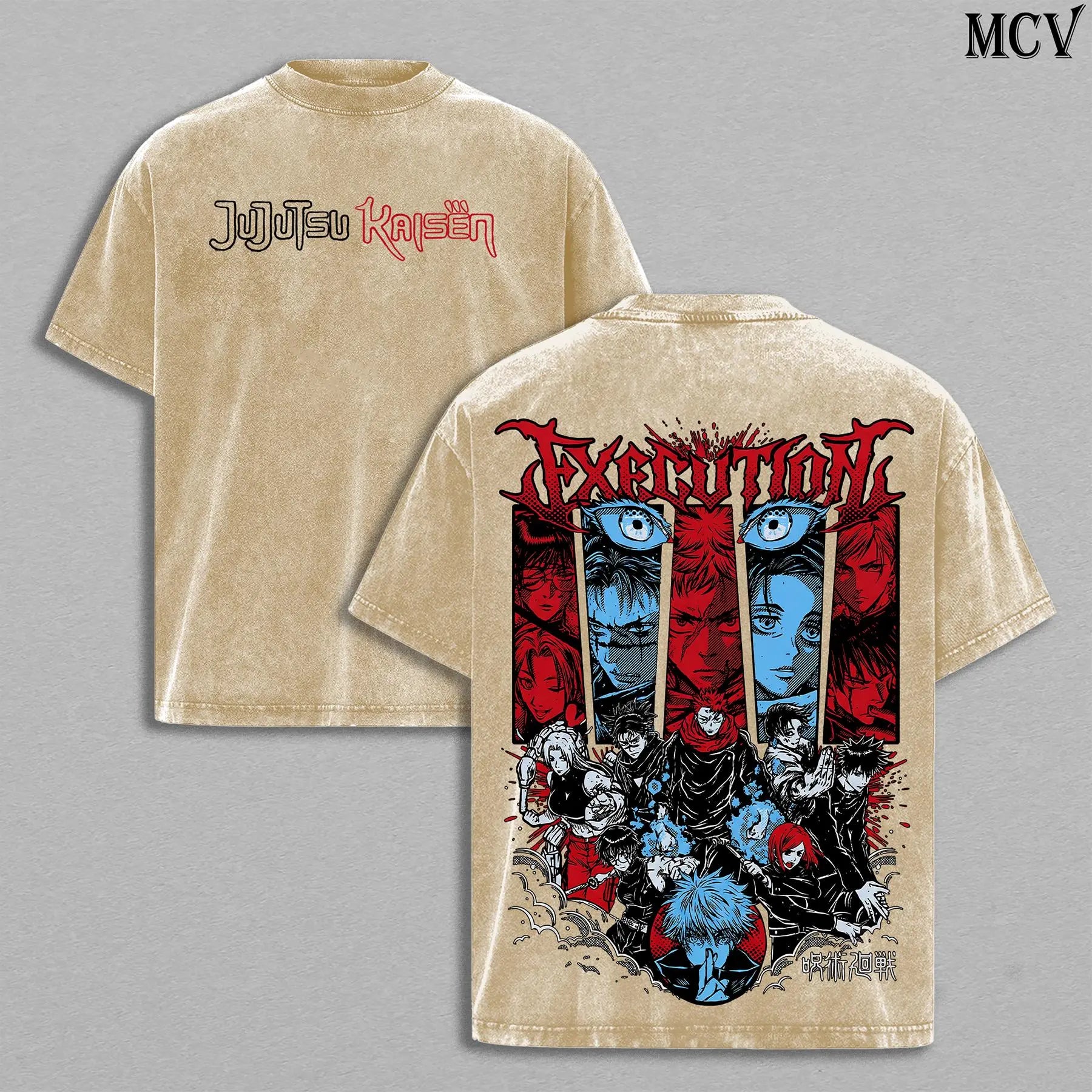 Jujutsu Kaisen Washed T-Shirt – Shibuya Incident Execution Theme Anime Manga Group Graphic Double Printed Tee, Menswear Heavy Cotton JJK Tee Unisex Oversize Streetwear Vintage, Gift for Anime Fans