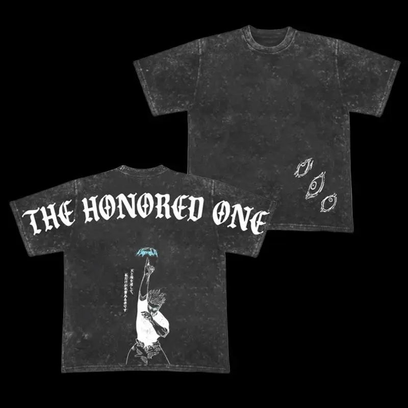 THE HONORED ONE Tee Retro Heavy Gojo Satoru Jujutsu Kaisen Anime Double Printed Vintage Washed Tee Unisex Oversize Anime Manga Washed Heavy Weight Cotton T-Shirt, Gift for Anime Fan, Anime Lover