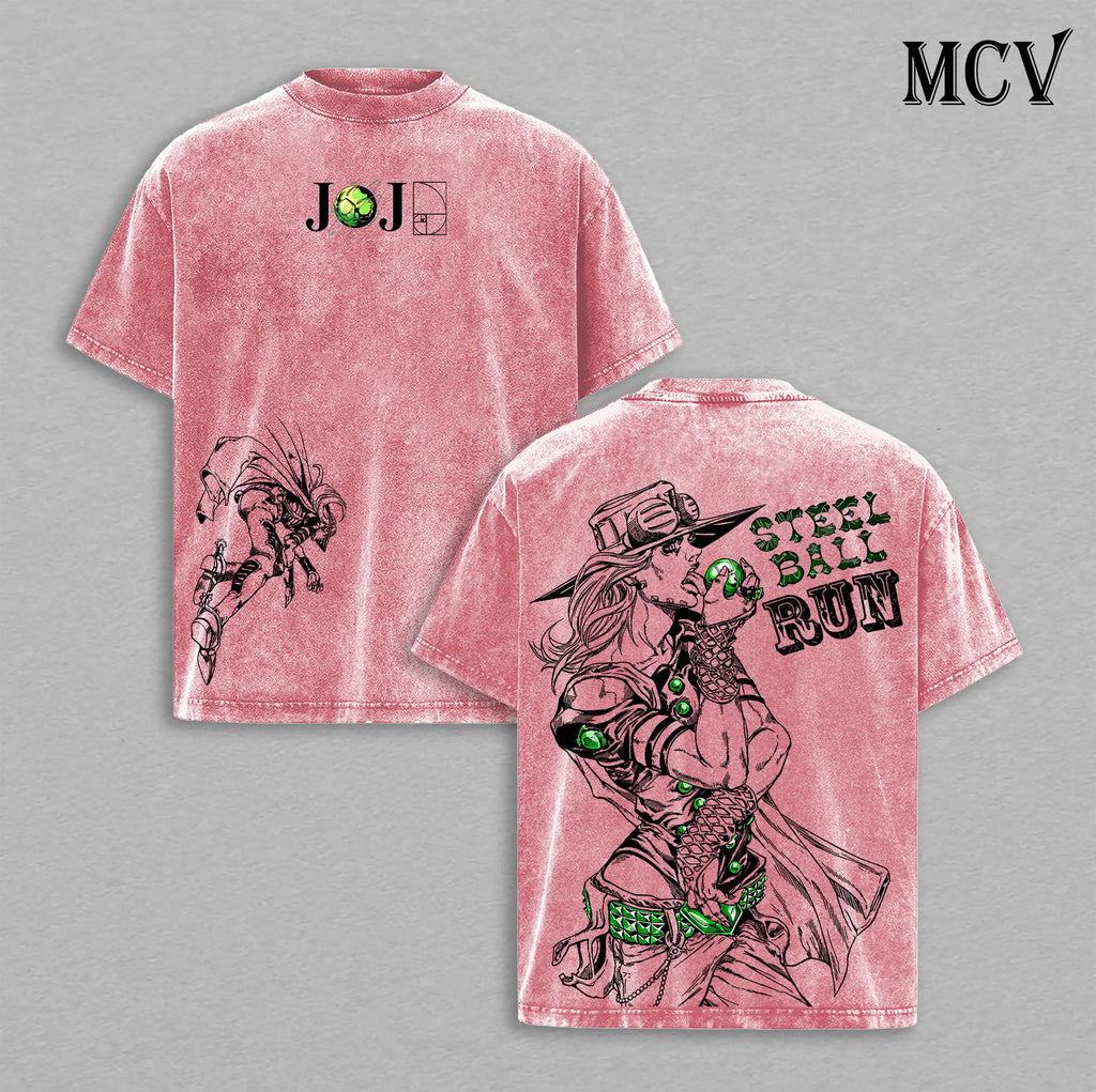 Gyro Zeppeli Tee Washed - Jojo’S Bizarre Adventure Steel Ball Run Anime Spin Technique Golden Spin Pizza Mozzarella Manga Graphic Double Printed Washed Tee, Menswear Heavy Cotton Unisex Oversize Streetwear Vintage