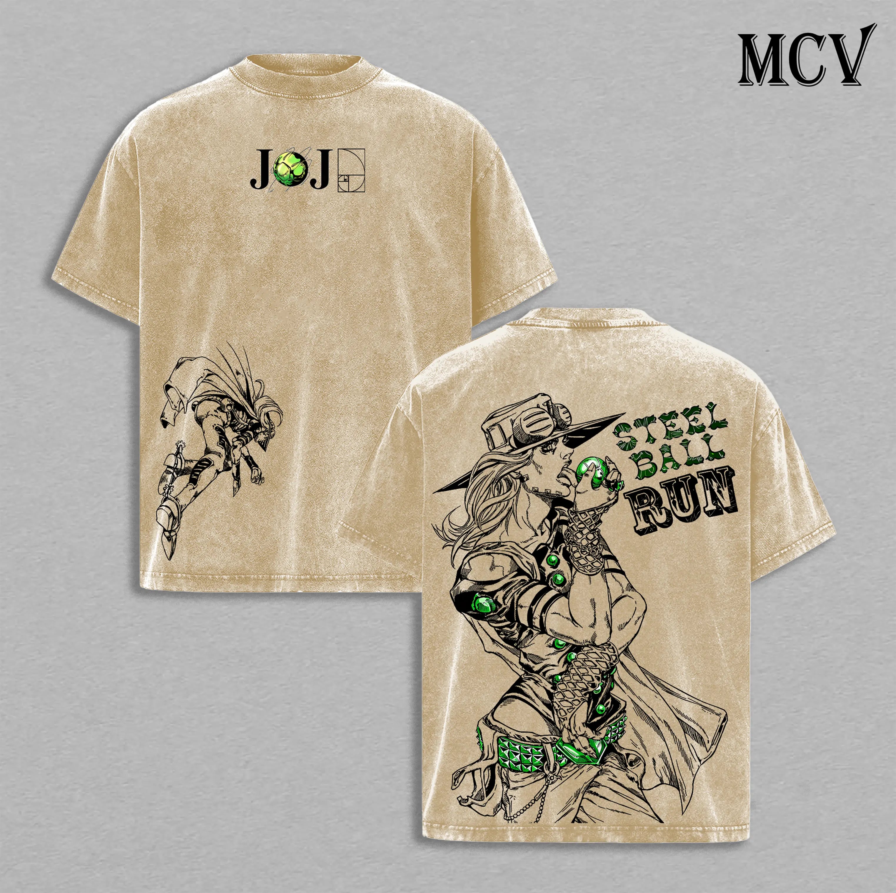 Gyro Zeppeli Tee Washed - Jojo’S Bizarre Adventure Steel Ball Run Anime Spin Technique Golden Spin Pizza Mozzarella Manga Graphic Double Printed Washed Tee, Menswear Heavy Cotton Unisex Oversize Streetwear Vintage