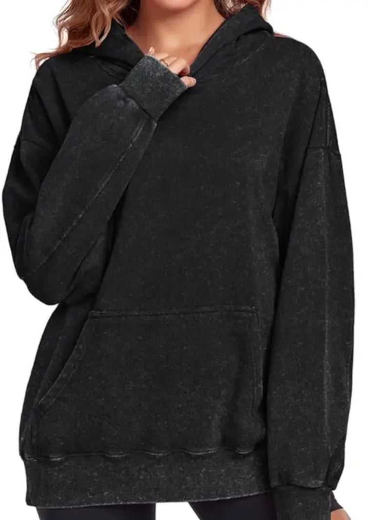 Holafish Womens Vintage Acid Wash Hoodie Pullover Sweatshirts Oversized Loose Fit Winter Long Sleeve Comfy Cotton Fleece Jacket Summervibes