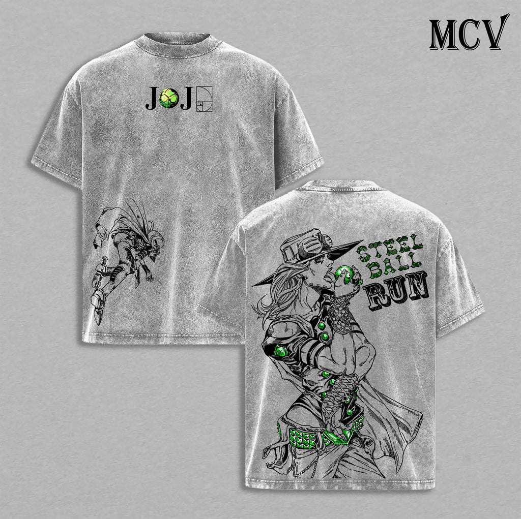 Gyro Zeppeli Tee Washed - Jojo’S Bizarre Adventure Steel Ball Run Anime Spin Technique Golden Spin Pizza Mozzarella Manga Graphic Double Printed Washed Tee, Menswear Heavy Cotton Unisex Oversize Streetwear Vintage
