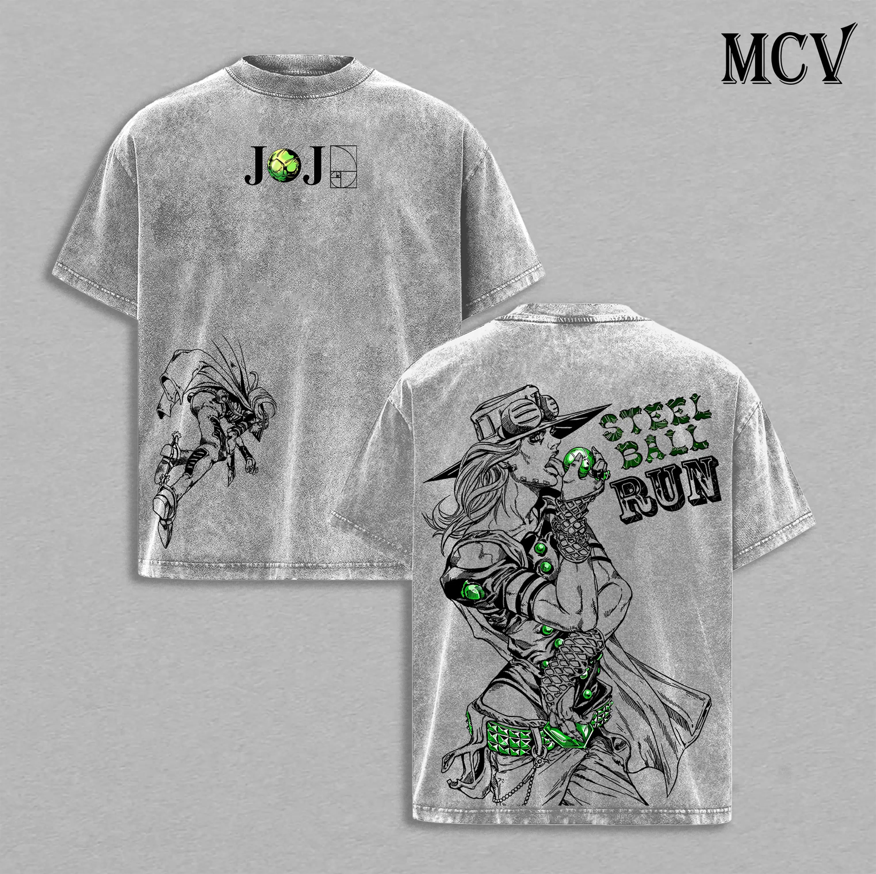 Gyro Zeppeli Tee Washed - Jojo’S Bizarre Adventure Steel Ball Run Anime Spin Technique Golden Spin Pizza Mozzarella Manga Graphic Double Printed Washed Tee, Menswear Heavy Cotton Unisex Oversize Streetwear Vintage