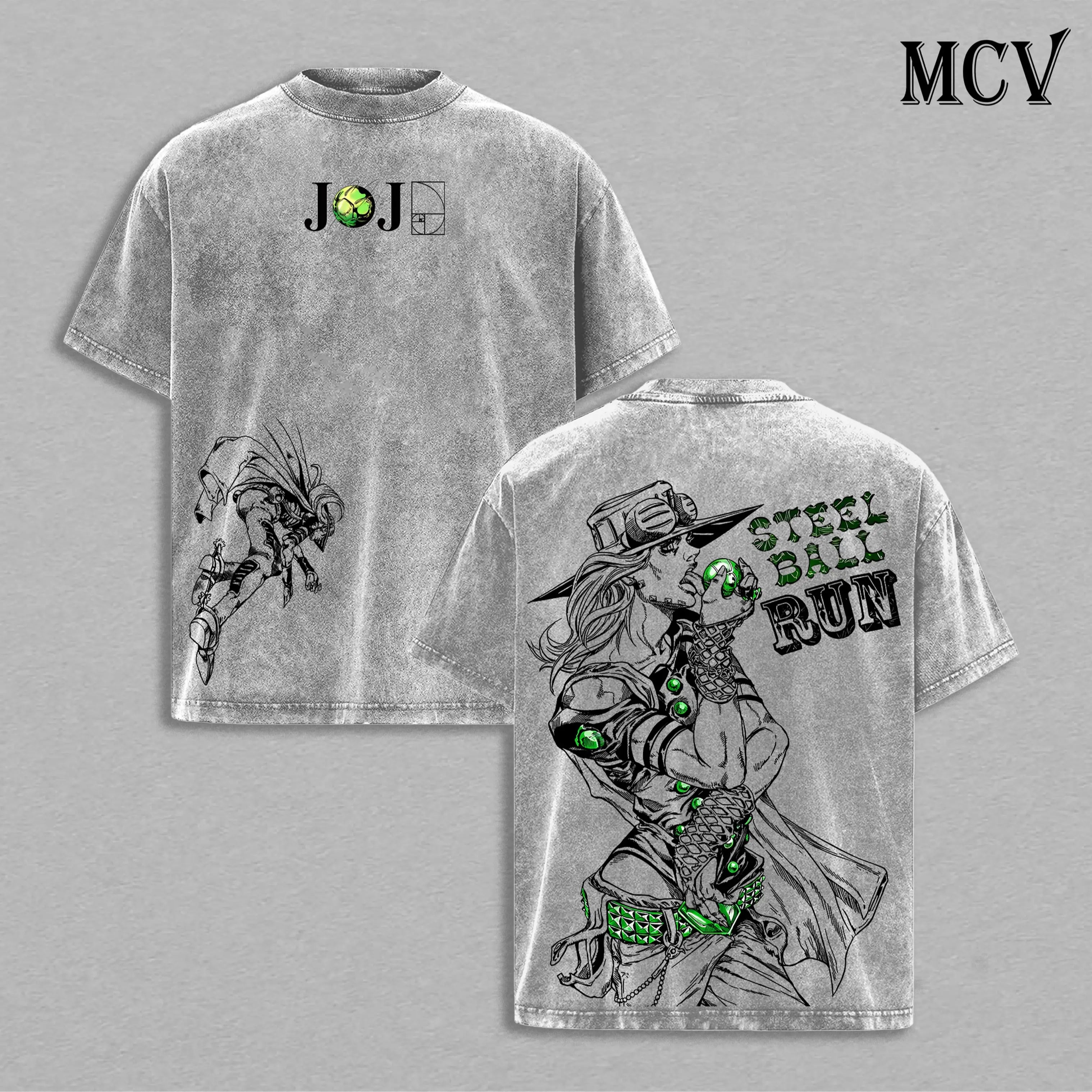Gyro Zeppeli Tee Washed - Jojo’S Bizarre Adventure Steel Ball Run Anime Spin Technique Golden Spin Pizza Mozzarella Manga Graphic Double Printed Washed Tee, Menswear Heavy Cotton Unisex Oversize Streetwear Vintage